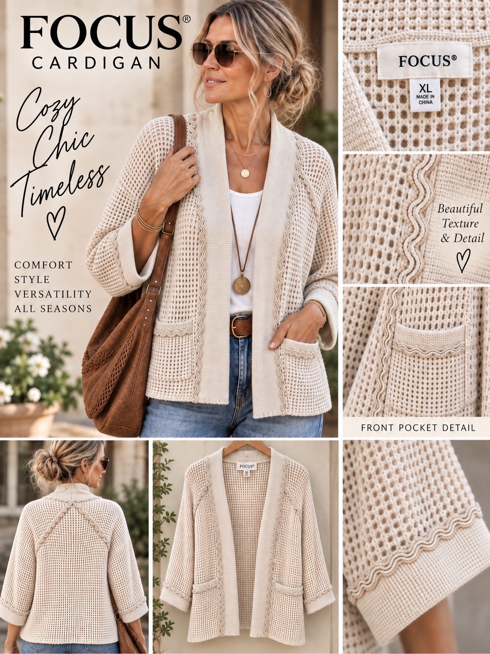 Open-Front Waffle Knit Cardigan in Cream with Scallop Trim Size XL